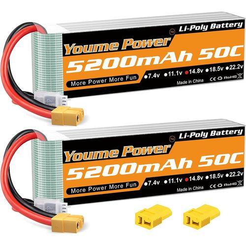 KYAOAYO-Youme Batterie Lipo 4S 5200 Mah, 14,8 V 50C Xt60 Avec Connecteur Deans T Pour Voiture Rc, Camion Rc, Truggy Rc, Avion Rc Uav Drone Fpv (2 Paquets)