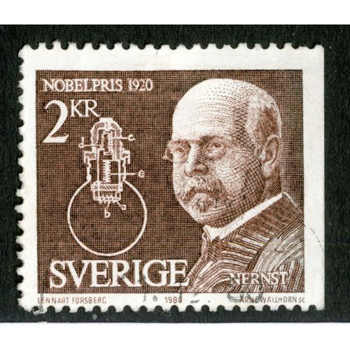 Timbre Oblitéré Sverige, Nobelpris 1920, Nernst, 1980, 2 Kr