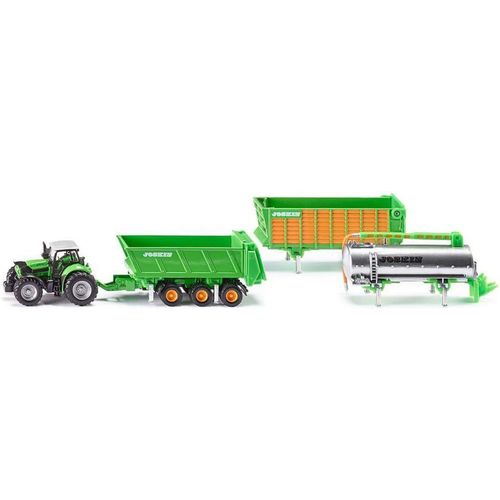 KYAOAYO-1848, Tracteur Deutz-Fahr Avec 3 Remorques Joskin, 1:87, Métal/Plastique, Vert, 5 Pièces, Avec Système Interchangeable