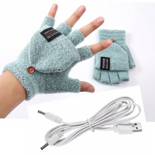 Gants Chauffants Usb, Mains Tricotées, Entièrement Et Demi-Chauffés, Sans Doigts, Pour Femmes Et Hommes, Menthe