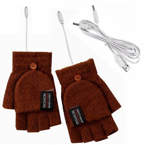 Gants Chauffants Usb, Mains Tricotées, Entièrement Et À Moitié Chauffants, Sans Doigts, Pour Femmes Et Hommes, Marron