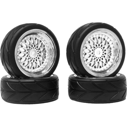 Kyaoayo-4pcs Rc Pneus De Voiture Sur Route,64mm Pneus En Caoutchouc Jantes Hex De 12mm Pour 1/10 Rc Sur Route Run-Flating Touring Racing Car Pour Hsp I Kyosho Tamiya (Argent)-Sanag
