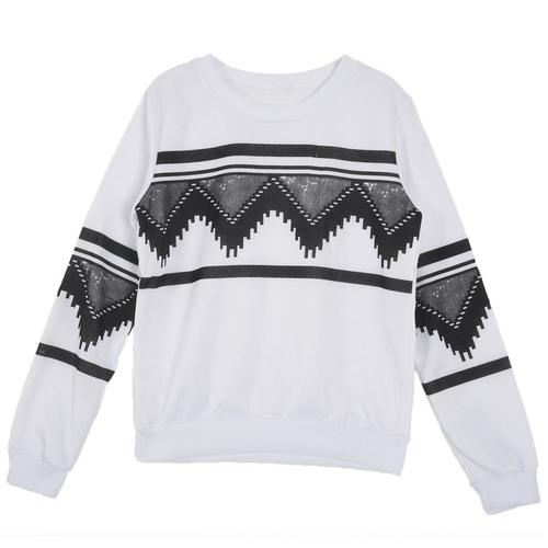 Mode Europe Femmes Ethnique Geometrique Imprime Blouse Sweat A Capuche Sweat-Shirt Blanc M