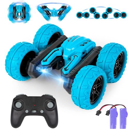 KYAOAYO-Voiture Télécommandée Enfant, 4X4 Voiture Cascadeur Télécommandé Tout Terrain Rotation À 360° Avec 2 Piles Rechargeables, Musique Et Led Jouet Enfant 3 4 5 6 7 8 9 10 Ans Cadeau Garçon, Bleu