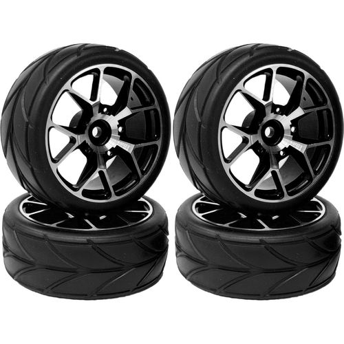 KYAOAYO-Lot De 4 Pneus Et Roues De Voiture Rc En Caoutchouc De 64 Mm Et Jantes En Alliage D'Aluminium 7Y 12 Mm Hex Pour Pneus De Voiture 1/10 Rc On-Road Run-Flating Touring Racing (Forme 5Y, Noir)