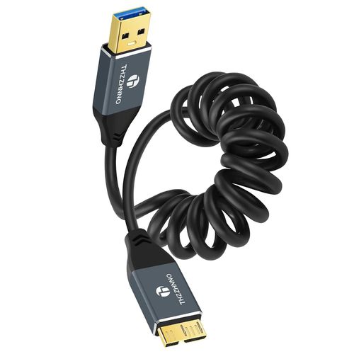 KALANKA-Micro USB 3.0 Coiled Cable, USB A to Micro B Coiled Cable for External Hard Drive, Micro B to USB Cable and Data Transmitter, Spiral Cord Compatible with (95 mm extended to 1 m)