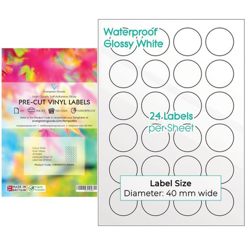 Ershi-Evergreen Goods Lot De 10 Feuilles D'étiquettes Autocollantes Rondes Prédécoupées \U2013 Blanc Brillant \U2013 40 Mm (24 Éti[824]
