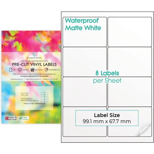 Ershi-Evergreen Goods¿ Étiquettes Autocollantes Prédécoupées A4 \U2013 Blanc Mat Imperméable | 2 X 4 (8 Par Feuille) 80 Étiquettes[649]