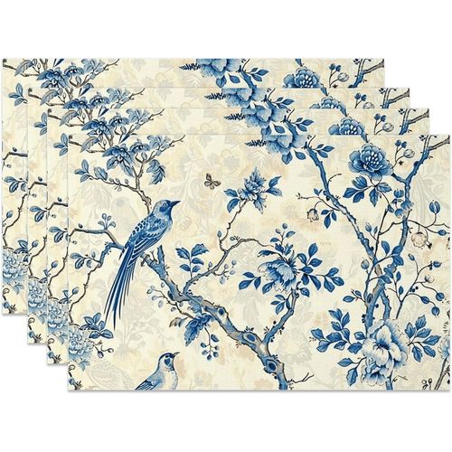 Ershi- Lot De 4 Sets De Table Bleus 45 X 30 Cm Style Campagnard Français Imprimé Oiseaux Et Fleurs Pour Cuisine, Salle À Manger[1506]