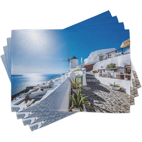 Ershi- Été Lot De Sets De Table En 4 Pièces, Oia Village À Santorin, Tissu Lavable Pour Salle À Manger Et Cuisine, 30 Cm X 45 Cm, B[1072]