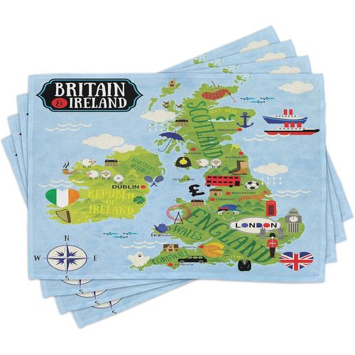 ERSHI- Esprit d'aventure Lot de Sets de Table en 4 pièces, Les Cartes de la Grande-Bretagne Irlande, Tissu Lavable pour Salle à Man[1084]
