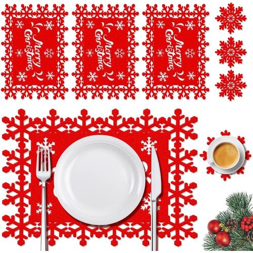 ERSHI- Lot de 4 Ensemble Set de Table et Dessous de Verre de Noël, Sets de Table Noel en Feutre Rouge avec sous-Verre, napperons de[3758]