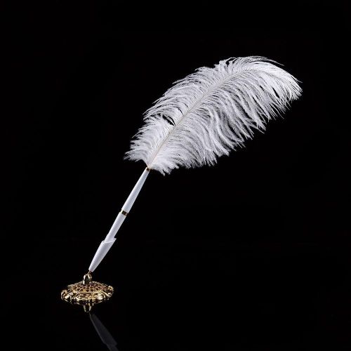 Ershi-Plume Signature Stylo, D'autruche Mariage Bille Écriture Avec Support Métal Blanche Rétro Exquise Quill Pen Livre Or Cérémon[653]