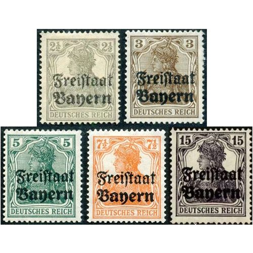 Allemagne, Ancien Royaume De Bavière 1919, Beaux Timbres Neufs** / * Yvert 136 137 138 139 141, Types Germania Surchargés "Freistaat Bayern", 1ère Série.