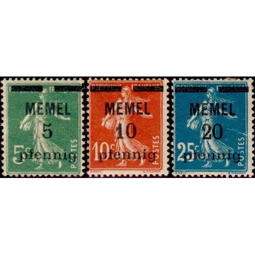 Lituanie, Protectorat Français 1920, Beaux Timbres Neufs* Yvert 18 19 Et 20, Semeuse 5c. Vert, 10c. Rouge Brique Et 25c. Bleu Surcharges "Memel" Et Nouvelle Valeur En Pfennig,