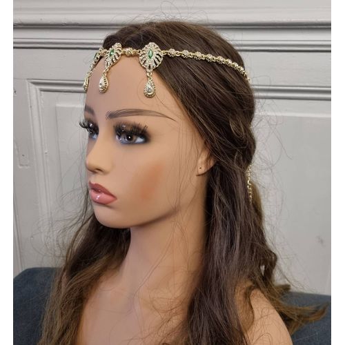Bijou De Tête Traditionnel Algérien "Khit El Rouh" Doré Avec Pierres Vertes