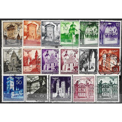 Pologne, Occupation Allemande, Gouvernement General 1940 / 41, Belle Série Ultra Complète 17 Timbres Yvert 56 À 67a, Sites Et Monuments Polonais, Oblitérés, Tbe.
