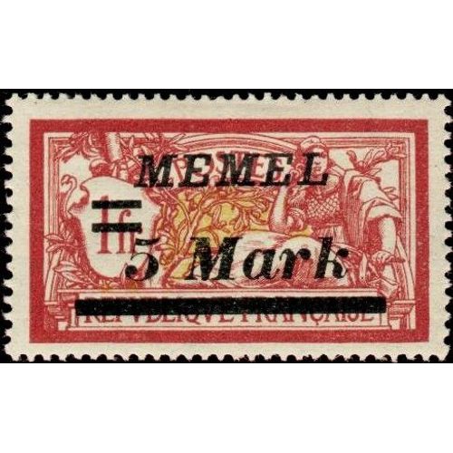 Lituanie, Enclave De Memel Sous Adm. Française 1922, Beau Timbre Neuf* Yvert 62, Type Merson 1f. Lie De Vin Et Jaune Olive Surchargé "Memel 5 Mark".