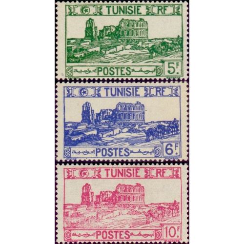Tunisie, Protectorat Français 1945 / 49, Beaux Timbres Neufs** Yvert 288b, 289 Et 222, Ruines De L'Amphithéatre D'El Djem, 5f. Vert Jaune, 6f. Bleu Violet Et 10f. Rose Carminé.