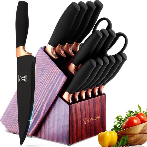 Ensemble De Couteaux De Cuisine Avec Bloc,Ensemble De Couteaux Professionnels En Acier Inoxydable Avec Aiguisoir Intégré,Ensemble De Couteaux Avec Bloc En Bois Pour Les Familles De Chefs