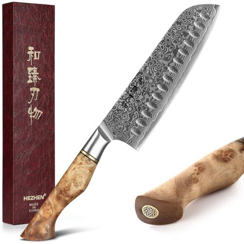 18cm Couteau Santoku Damas-Couteau de Chef Professionnel Style Japonais-Couteau de Cuisine Chinois-Manche Bois de Sycomore Figuré