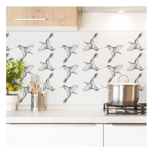 99Deco - Crédence cuisine Lot de 2 crédences ALU L120xH 50cm Noir et blanc Oiseaux - Noir