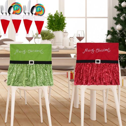 Lot De 2 Housses De Dossier De Chaise De Noël Avec Inscription Merry Christmas Classique Rouge Et Vert ¿ Housses De Chaise De Noël Avec 4 Porte-Couverts Pour Chapeau De Noël