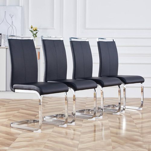 Lot De 4 Chaises Manger, Bascule, En Cuir Synthétique, Avec Dossier Haut, Moderne, Structure En Métal, Rembourrées, Pour Salon, Salle De Conférence, Simili, Noir.[G100]