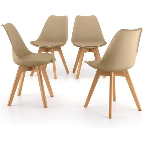 | Lot De 4 Chaises De Salle À Manger Ou Bureau Avec Pieds En Bois De Hêtre Et Coussin Souple En Similicuir | Dim: 50x48x 82 H Cm | (Taupe).[G507]