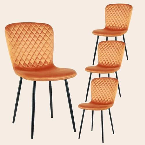 Lot De 4 Chaises De Salle À Manger En Velours Avec Dossier Et Pieds En Métal - Design Rétro Moderne Du Milieu Du Siècle - Pour Cuisine, Salle À Manger Et Salon - 86 X 58 X 45 Cm (4, Orange).[G318]