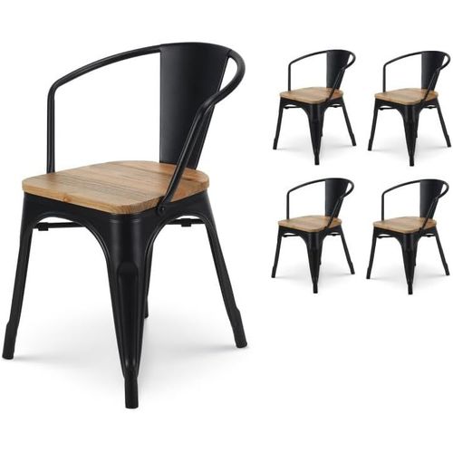 Lot De 4 Chaises En Métal Noir Mat Style Industriel Avec Assise En Bois Clair - Avec Accoudoirs.[G70]