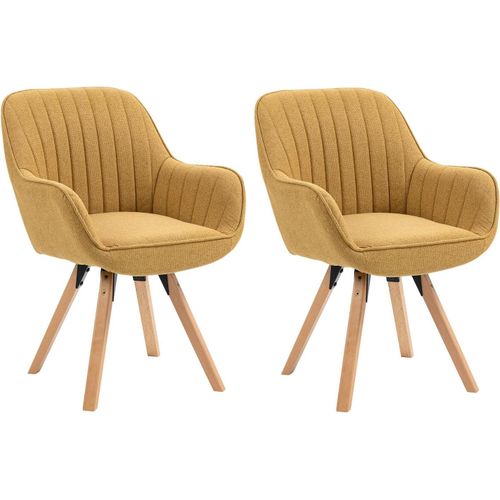 Lot De 2 Chaise Salle À Manger Scandinave Fauteuil Coiffeuse Siège Pivotant Avec Accoudoirs Pour Chambre Salon Cuisine Bureau, Rembourré En Tissu Pieds En Bois Massif, Jaune, 60x58x83cm.[G369]