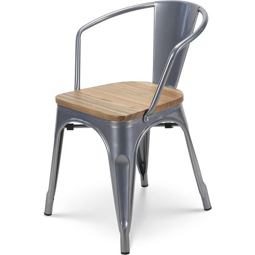 Chaise En Métal Gris Argenté Style Industriel Avec Assise En Bois Clair - Avec Accoudoirs.[G133]