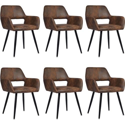 Lot De 6 Chaises De Salle À Manger Fauteuil Vintage Assise Rembourrée En Suédine Pieds En Métal Pour Cuisine Salon Chambre Bureau, Marron, 56x56x78cm.[G144]