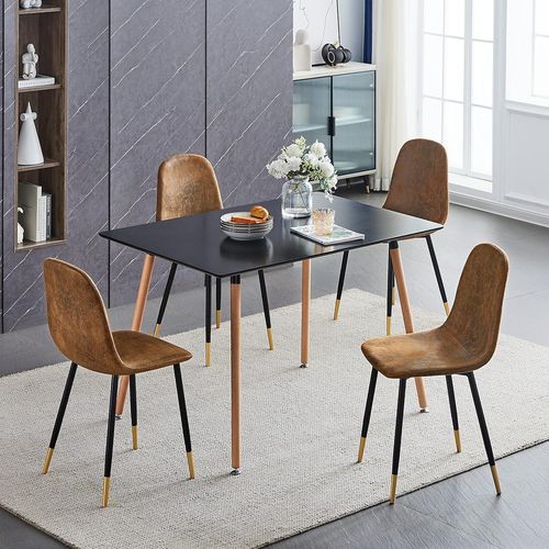 Lot De 4 Chaises De Salle À Manger Scandinave Imitation Daim Rembourré Métal Pour Cuisine, Salle À Manger, Salon, Pieds En Or Noir, Sièges Marron.[G334]
