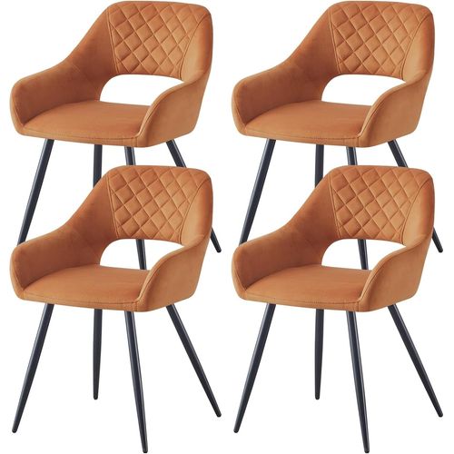 Lot De 4 Chaises De Salle À Manger En Velours Avec Siège Rembourré À Dossier Ouvert Et Pieds En Métal - Design Moderne - Pour Salle À Manger, Salon Et Cuisine - Orange.[G327]