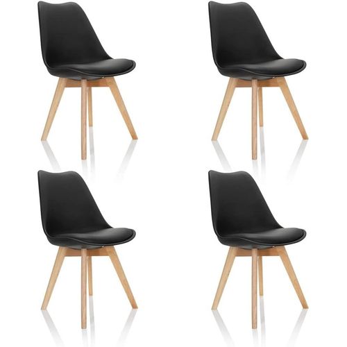 661011 Set De 4 Chaises De Salle À Manger Scandi Plastique Noir Pieds En Hêtre Massif, Chaise Rembourrée Design Rétro.[G347]