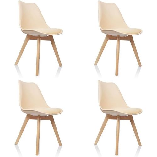 661012 Set De 4 Chaises De Salle À Manger Scandi Plastique Beige Pieds En Bois Massif Hêtre, Chaise Rembourrée Design Rétro.[G348]