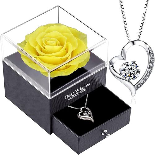 Rose Eternelle Avec Bijoux Argent 925,Collier Femme Boîte De Roses,Pendentif Coeur Avec Rose Conservée,Rose Stabilisée Rouge,Cadeau Pour Elle La Noël,La Saint-Valentin,Fête Des Mères,Anniversaire