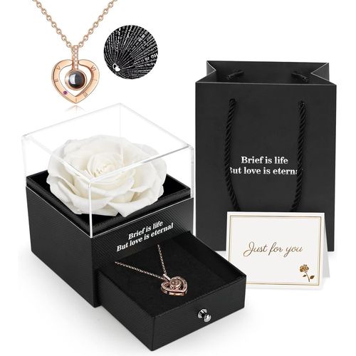 Rose Eternelle Avec Bijoux, Fleur Eternelle Coffret Rose Éternelle Avec I Love You Collier, Idee Cadeau Femme, Cadeaux Pour Femme Pour Anniversaires, Noel, Saint Valentin, Fete Des Meres