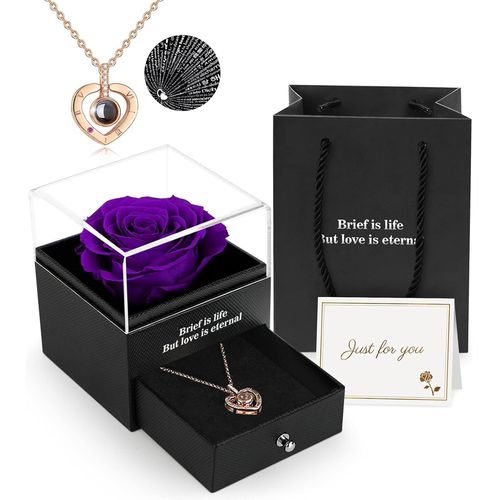 Rose Eternelle Avec Bijoux, Fleur Eternelle Coffret Rose Éternelle Avec I Love You Collier, Idee Cadeau Femme, Cadeaux Pour Femme Pour Anniversaires, Noel, Saint Valentin, Fete Des Meres