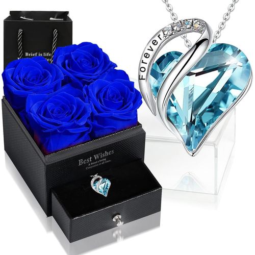 Boîte Rose Éternelle Avec Collier En Forme De C?ur, Cadeau Amélioré Pour Femme, Avec 4 Véritables Roses Éternelles Et Collier En Forme De C?ur, En Argent Sterling 925, Boîte À Bijoux Pour