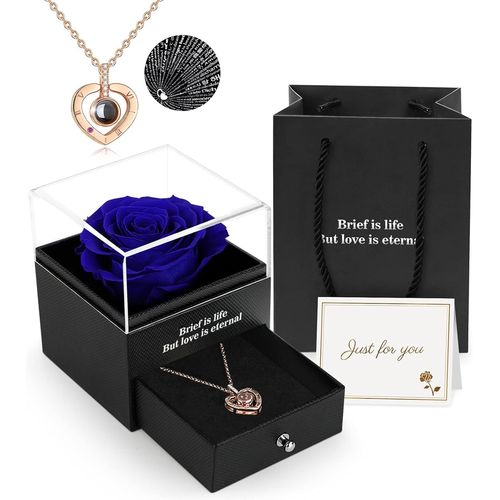 Rose Eternelle Avec Bijoux, Fleur Eternelle Coffret Rose Éternelle Avec I Love You Collier, Idee Cadeau Femme, Cadeaux Pour Femme Pour Anniversaires, Noel, Saint Valentin, Fete Des Meres