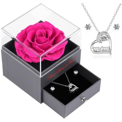 Rose Éternelle Préservée Avec Collier Et Boucles D'oreilles - Cadeau Pour Maman - Cadeau Pour La Fête Des Mères, Noël, La Saint-Valentin, Un Anniversaire - Rose Chaud