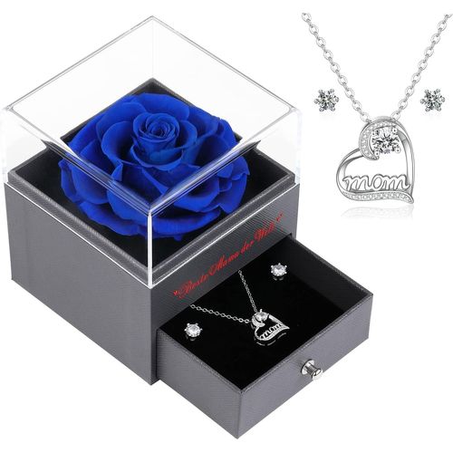 Rose Éternelle Préservée Avec Collier Et Boucles D'oreilles - Cadeau Pour Maman, Fait À La Main, Véritable Rose - Cadeau Pour La Fête Des Mères, Noël, Saint-Valentin, Anniversaire - Bleu Foncé