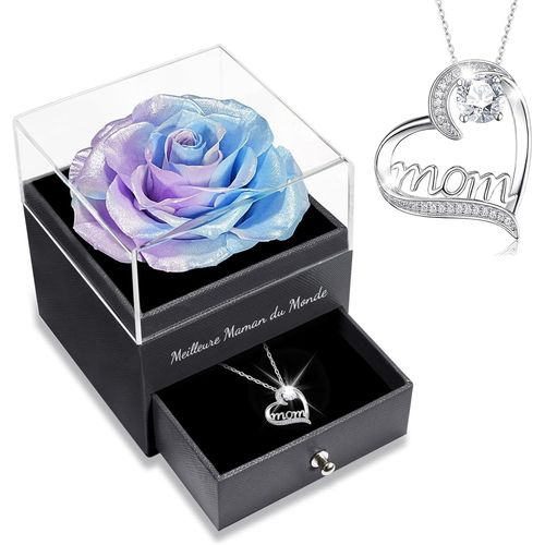 Cadeau Fete Des Meres Original, Rose Eternelle Avec Bijoux Avec Argent 925 Collier, Fête Des Mères, Meilleure Maman Du Monde, Rose Préservée Fleur Cadeau Maman/Mamie, Cadeau Anniversaire Maman