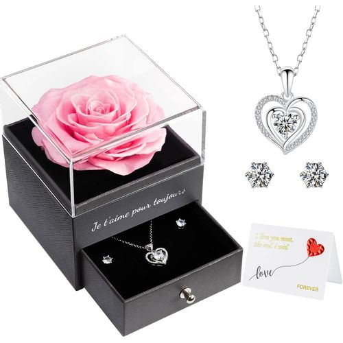 Rose Eternelle Idee Cadeau Femme, Fleurs Eternelles Avec Argent 925 Collier Boucles D'oreilles Bijoux Cadeau Anniversaire Femme, Cadeau Maman Noël, Fete Des Meres, Cadeau Saint Valentin Femmes