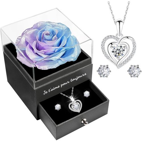 Rose Eternelle Cadeau Femme, Rose Éternelle Avec Argent 925 Collier Boucles D'oreilles Bijoux Cadeau Anniversaire Femme, Préservée Rose Cadeau Pour Elle La Noël, Saint-Valentin, Fête Des Mères