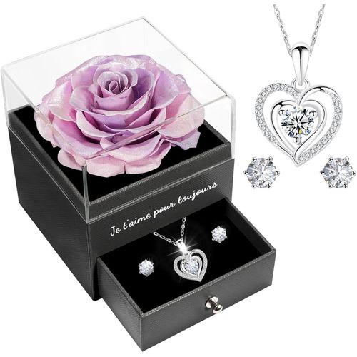 Rose Eternelle Cadeau Femme, Rose Éternelle Avec Argent 925 Collier Boucles D'oreilles Bijoux Cadeau Anniversaire Femme, Préservée Rose Cadeau Pour Elle La Noël, Saint-Valentin, Fête Des Mères