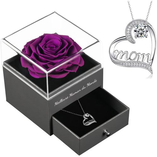 Cadeau Fete Des Meres, Femme Boîte Rose Eternelle Avec Collier, Rose Préservée Fleur Cadeau Maman, Rose Stabilisée Rouge, Meilleure Maman De Tous Les Temps, Cadeau Anniversaire Maman/Mamie